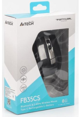 Миша A4Tech Fstyler FB35CS, Smoky Grey, USB, бездротова безшумна, оптична, BT+RF (Combo), 1200/1600/2000/2400 dpi, 125 Hz, 6 кнопок, вбудований Li акумулятор