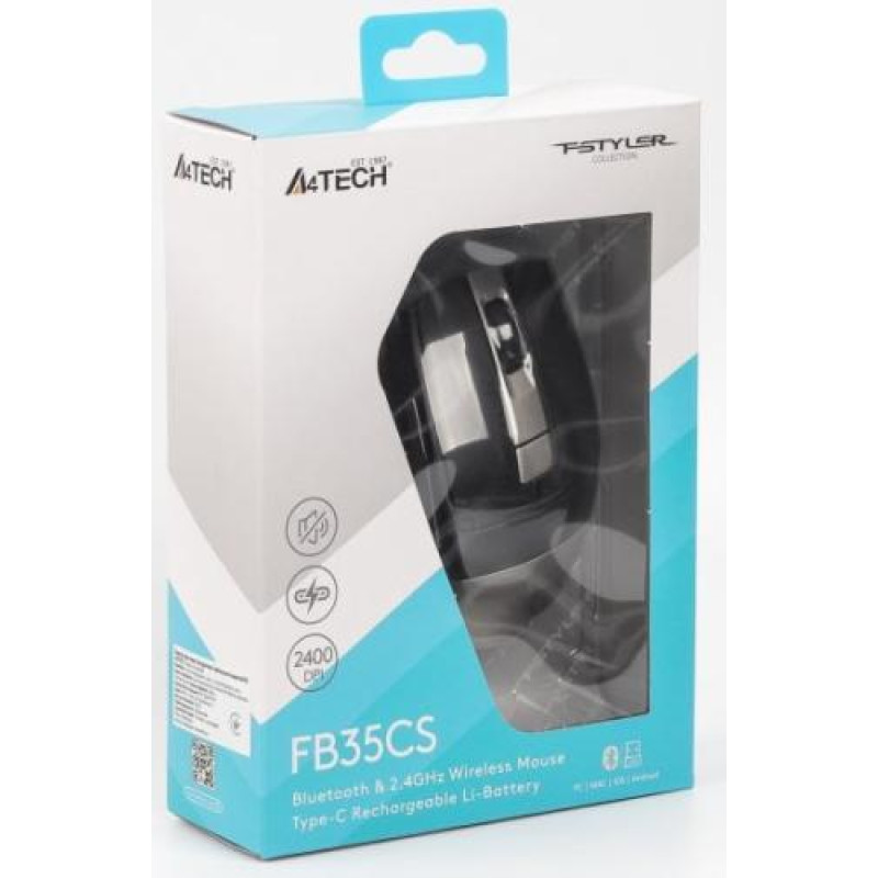 Миша A4Tech Fstyler FB35CS, Smoky Grey, USB, бездротова безшумна, оптична, BT+RF (Combo), 1200/1600/2000/2400 dpi, 125 Hz, 6 кнопок, вбудований Li акумулятор