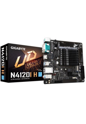 Мат.плата з процесором Gigabyte N4120I H, Celeron N4120 (4x1.1-2.6 GHz), 2xDDR4 SO-DIMM, UHD Graphics 600, 2xSATA3, 1xM.2, 1xPCI-E 1x 2.0, 1xM.2 (Key E), ALC887, RTL8111E, 4xUSB3.2/4xUSB2.0, VGA/HDMI, Mini-ITX