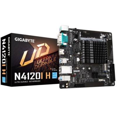 Мат.плата з процесором Gigabyte N4120I H, Celeron N4120 (4x1.1-2.6 GHz), 2xDDR4 SO-DIMM, UHD Graphics 600, 2xSATA3, 1xM.2, 1xPCI-E 1x 2.0, 1xM.2 (Key E), ALC887, RTL8111E, 4xUSB3.2/4xUSB2.0, VGA/HDMI, Mini-ITX