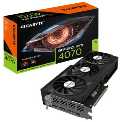 Відеокарта GeForce RTX 4070, Gigabyte, WINDFORCE OC, 12Gb GDDR6X, 192-bit, HDMI/3xDP, 2490/21000 MHz, 8-pin (GV-N4070WF3OC-12GD)