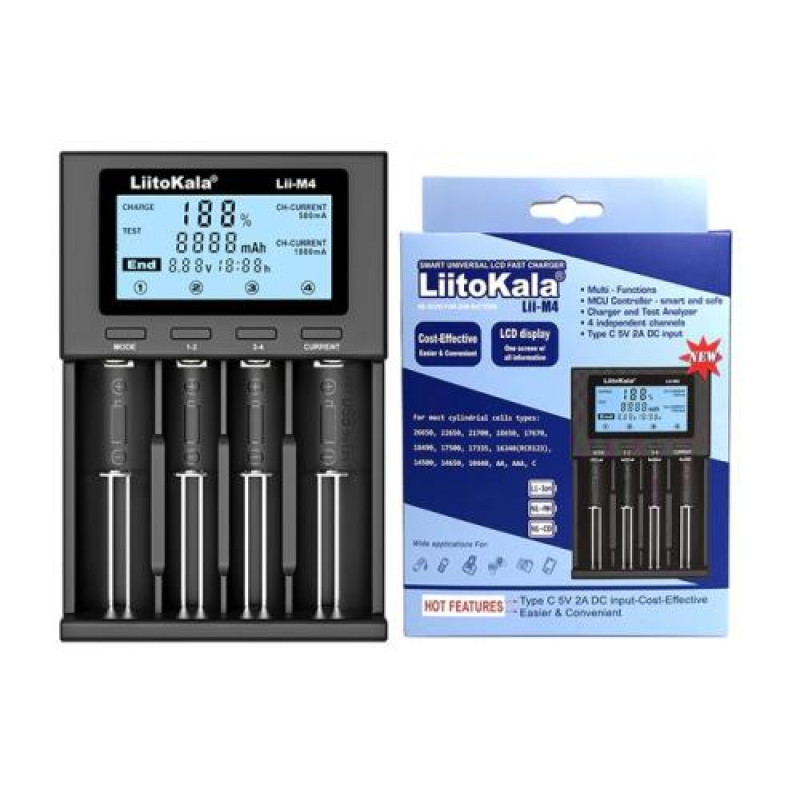 Зарядний пристрій LiitoKala Lii-M4, Black,3.7V/1.2V, AA/AAA, 18650/26650/16340/14500/10440/18500, вимірювання ємності