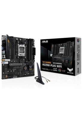 Материнська плата AM5 Asus TUF GAMING A620M-PLUS WIFI, A620, 4xDDR5, Int.Video (CPU), 4xSATA3, 2xM.2, 1xPCI-E 4.0 x16, 2xPCI-E 3.0 x1, Realtek 7.1, Realtek 2.5Gb, WiFi 6, Bluetooth 5.3, 4xUSB3.2/6xUSB2.0, HDMI/2xDP, MicroATX