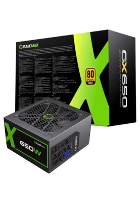 Блок живлення 650 Вт, GameMax GX-650, Black, модульний, 80+ Gold, Active PFC, 12 см, 3xMolex / 6xSATA / 4x6+2-pin / 2x4+4-pin / 1x20+4-pin, захист OVP / UVP / OCP / OLP / OPP / SCP