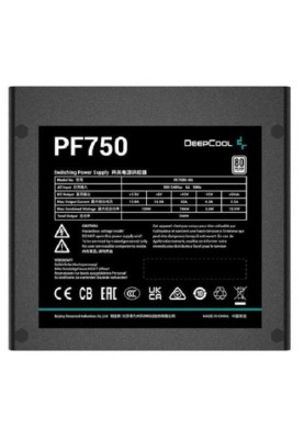 Блок живлення 750 Вт, Deepcool PF750, Black, 80+ Standard, Active PFC, 12 см, 2xMolex / 6xSATA / 4x6+2-pin / 2x4+4-pin / 20+4-pin, захист: OPP/OVP/SCP/UVP, ATX12V V2.4 (R-PF750D-HA0B-EU)