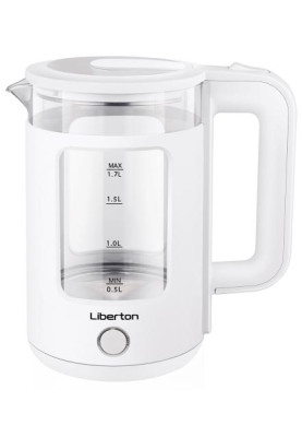Електрочайник Liberton LEK-6830, White, 1500W, 1.7л, дисковий, подвійна стінка (нержавіюча сталь+скло), LED-підсвічування, автовідключення, індикатор включення, відкривання кришки ручне, шкала рівня води внутрішня