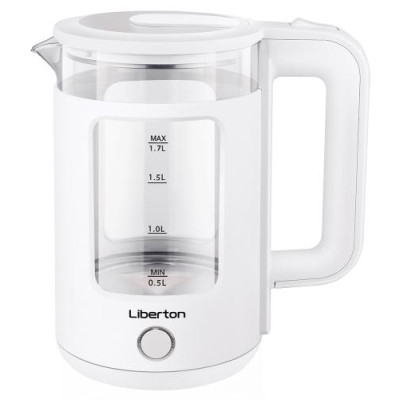 Електрочайник Liberton LEK-6830, White, 1500W, 1.7л, дисковий, подвійна стінка (нержавіюча сталь+скло), LED-підсвічування, автовідключення, індикатор включення, відкривання кришки ручне, шкала рівня води внутрішня