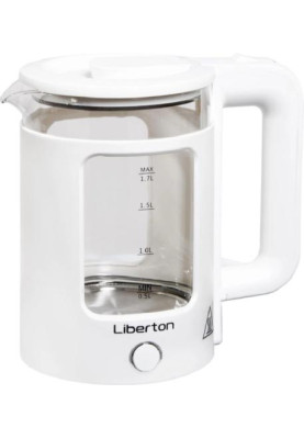 Електрочайник Liberton LEK-6830, White, 1500W, 1.7л, дисковий, подвійна стінка (нержавіюча сталь+скло), LED-підсвічування, автовідключення, індикатор включення, відкривання кришки ручне, шкала рівня води внутрішня