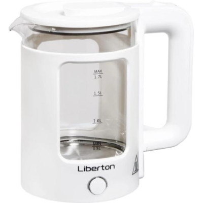 Електрочайник Liberton LEK-6830, White, 1500W, 1.7л, дисковий, подвійна стінка (нержавіюча сталь+скло), LED-підсвічування, автовідключення, індикатор включення, відкривання кришки ручне, шкала рівня води внутрішня