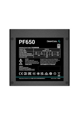 Блок живлення 650 Вт, Deepcool PF650, Black, 80+ Standard, Active PFC, 12 см, 2xMolex / 6xSATA / 4x6+2-pin / 2x4+4-pin / 20+4-pin, захист: OPP/OVP/SCP/UVP, ATX12V V2.4 (R-PF650D-HA0B-EU)
