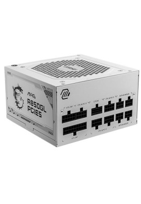 Блок живлення 850 Вт, MSI MAG A850GL PCIE5, White, модульний, 80+ Gold, Active PFC, 12 см FBD, 4xMolex / 8xSATA / 1x16-pin / 4x6+2-pin / 2x4+4-pin / 1x20+4-pin, захист OCP/OVP/OPP/OTP/SCP/UVP