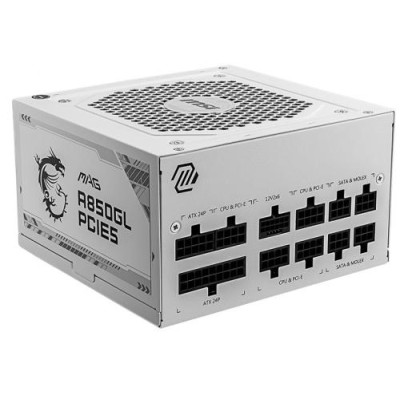Блок живлення 850 Вт, MSI MAG A850GL PCIE5, White, модульний, 80+ Gold, Active PFC, 12 см FBD, 4xMolex / 8xSATA / 1x16-pin / 4x6+2-pin / 2x4+4-pin / 1x20+4-pin, захист OCP/OVP/OPP/OTP/SCP/UVP