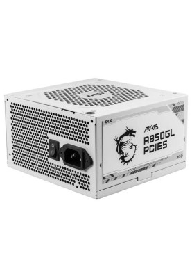 Блок живлення 850 Вт, MSI MAG A850GL PCIE5, White, модульний, 80+ Gold, Active PFC, 12 см FBD, 4xMolex / 8xSATA / 1x16-pin / 4x6+2-pin / 2x4+4-pin / 1x20+4-pin, захист OCP/OVP/OPP/OTP/SCP/UVP