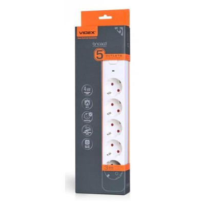 Фільтр мережевий Videx "Oncord", 5 розеток, 3 м, White, 16А, до 4 кВт, вимикач, заземлення, 3x1.5 мм² (VF-PD53G-W)