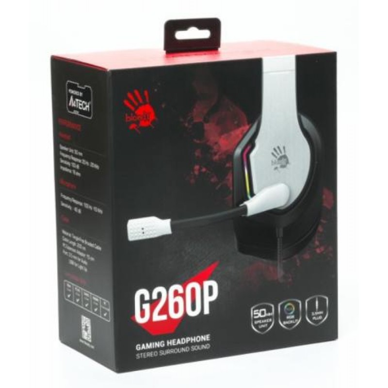 Навушники Bloody G260p White ігрові, мікрофон, підсвічування 7 кольорів, 3.5 jack, USB, 2м