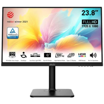 Монітор 23.8" MSI Modern MD2412P, Black, WLED, IPS, 1920x1080 (16:9), 1 мс, 100 Гц, 250 кд/м², 1000:1, 178°/178°, 2x3 Вт, HDMI/Type-C, VESA 75x75 мм