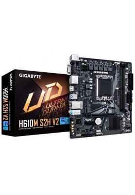 Мат.плата LGA1700, Gigabyte H610M S2H V2, H610, 2xDDR5, Int.Video(CPU), 4xSATA3, 1xM.2, 1xPCI-E 4.0 x16, 1xPCI-E 3.0 x1, ALC997, Realtek GLan, 4xUSB3.2/8xUSB2.0, VGA/HDMI/2xDP, MicroATX