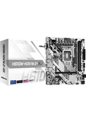 Мат.плата LGA1700, ASRock H610M-HDV/M.2+ D5, H610, 2xDDR5, Int.Video(CPU), 4xSATA3, 1xM.2, 1xPCI-E 4.0 x16, 1xPCI-E 3.0 x1, ALC897, RTL8111H, 4xUSB3.2/6xUSB2.0, VGA/HDMI/DP, MicroATX