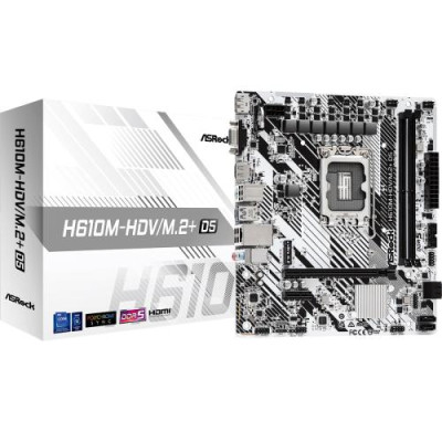 Мат.плата LGA1700, ASRock H610M-HDV/M.2+ D5, H610, 2xDDR5, Int.Video(CPU), 4xSATA3, 1xM.2, 1xPCI-E 4.0 x16, 1xPCI-E 3.0 x1, ALC897, RTL8111H, 4xUSB3.2/6xUSB2.0, VGA/HDMI/DP, MicroATX