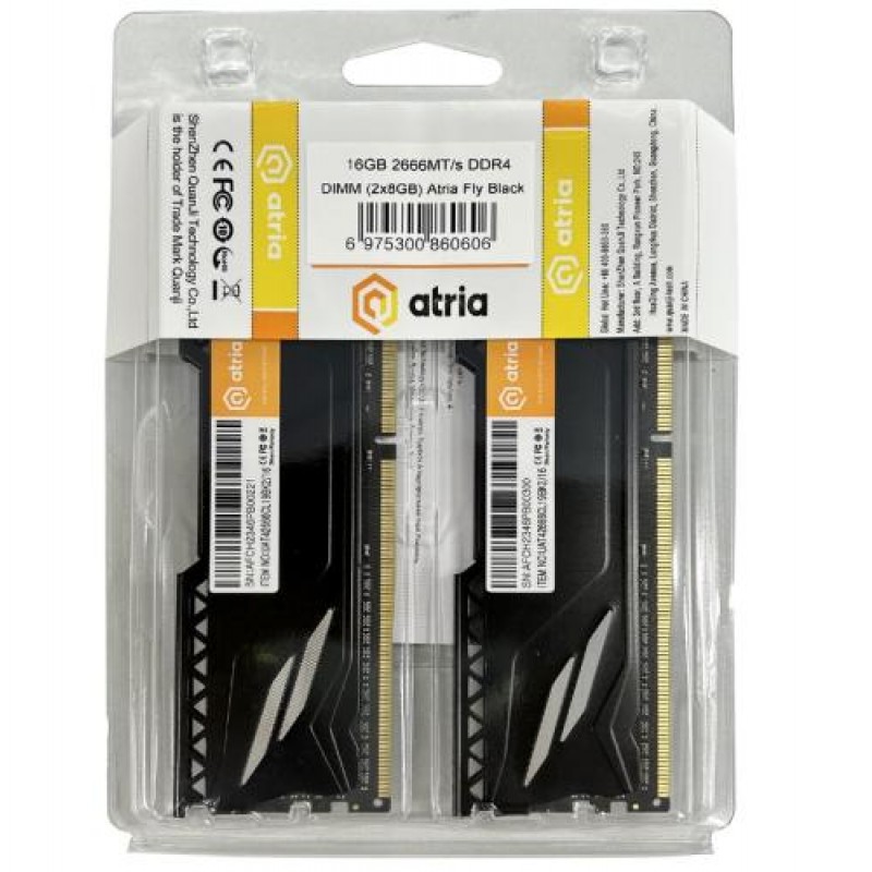 Пам'ять 8Gb x 2 (16Gb Kit) DDR4, 2666 MHz, Atria Fly, Black, 19-19-19-43, 1.2V, з радіатором (UAT42666CL19BK2/16)