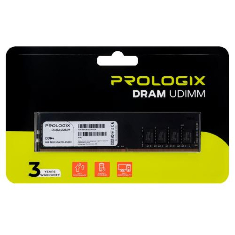 Пам'ять 8Gb DDR4, 3200 MHz, ProLogix, 22-22-22-52, 1.2V (PRO8GB3200D4)