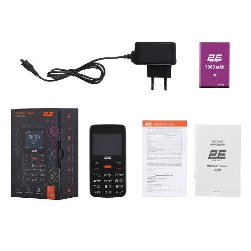 Мобільний телефон 2E T180 MAX, Black, DualSim (miniSIM), 2G, 2.31'' (320x240, TN), 32Mb, microSD (до 16Gb), 0.3 Mp, LED ліхтарик, FM-радіо, Bluetooth, Type-C, 1000 mAh, 87 г