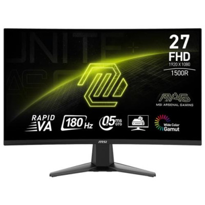 Монітор вигнутий 27" MSI MAG 27C6F, Black, Rapid VA, 1920x1080 (16:9), 0.5 мс, 180 Гц, 250 кд/м², 3000:1, 1500R, 178°/178°, 2xHDMI/DP, VESA 100x100 мм, Adaptive Sync, aRGB - 78%, DCI-P3 - 73%, sRGB - 93%