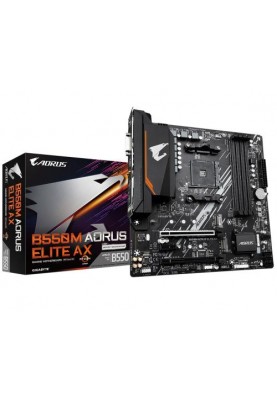 Мат.плата AM4 (B550) Gigabyte B550M AORUS ELITE AX, B550, 4xDDR4, Int.Video(CPU), 4xSATA3, 2xM.2, 1xPCI-E 4.0 x16, 1xPCI-E 3.0 x16, 1xPCI-E 3.0 x1, ALC887, GLan, WiFi 6E, Bluetooth 5.3, 6xUSB3.2/6xUSB2.0, DVI-D/HDMI, MicroATX