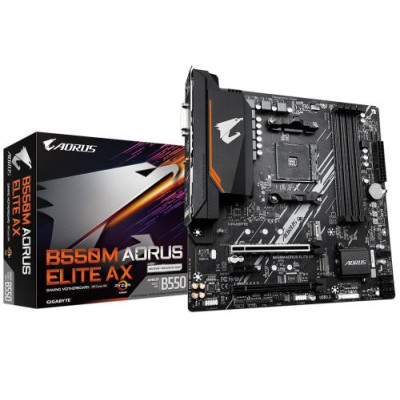 Мат.плата AM4 (B550) Gigabyte B550M AORUS ELITE AX, B550, 4xDDR4, Int.Video(CPU), 4xSATA3, 2xM.2, 1xPCI-E 4.0 x16, 1xPCI-E 3.0 x16, 1xPCI-E 3.0 x1, ALC887, GLan, WiFi 6E, Bluetooth 5.3, 6xUSB3.2/6xUSB2.0, DVI-D/HDMI, MicroATX