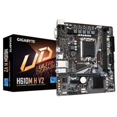 Мат.плата LGA1700, Gigabyte H610M H V2, H610, 2xDDR5, Int.Video(CPU), 4xSATA3, 1xM.2, 1xPCI-E 4.0 x16, 1xPCI-E 3.0 x1, Realtek 7.1, Realtek GbE, 4xUSB3.2/8xUSB2.0, VGA/HDMI, MicroATX