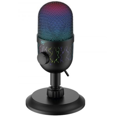 Мікрофон Havit HV-GK52, Black, 3.5 мм, RGB підсвічування, на підставці, 45 дБ, живлення через Type-C