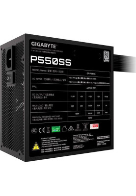 Блок живлення 550 Вт, Gigabyte P550SS, Black, 80+ Silver, Active PFC, 12 см, 2xMolex / 5xSATA / 2x6+2-pin / 1x20+4-pin / 1x4+4-pin, захист OVP/OPP/SCP/UVP/OCP/OTP (GP-P550SS)