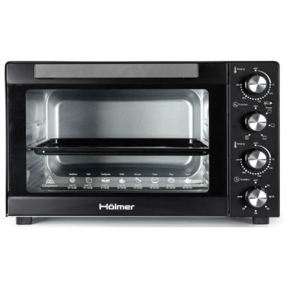Електродуховка Holmer HEO-083C, Black, 1500W, 38л, 3 рівні, роздільне регулювання температури, таймер, конвекція, 70-250°С, деко з антипргарним покриттям, решітка гриль, ручка, вертель, фіксація відкритого положення дверцят