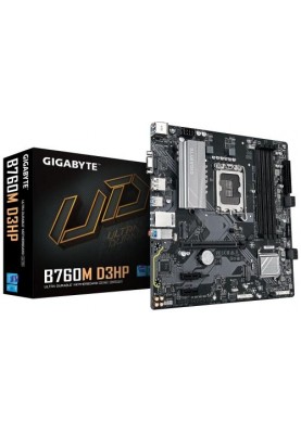 Материнська плата LGA1700, Gigabyte B760M D3HP, B760, 4xDDR5, Int.Video(CPU), 4xSATA3, 2xM.2, 1xPCI-E 4.0 x16, 2xPCI-E 3.0 x1, Realtek 7.1, Realtek GbE, 6xUSB3.2/6xUSB2.0, VGA/HDMI/DP, MicroATX