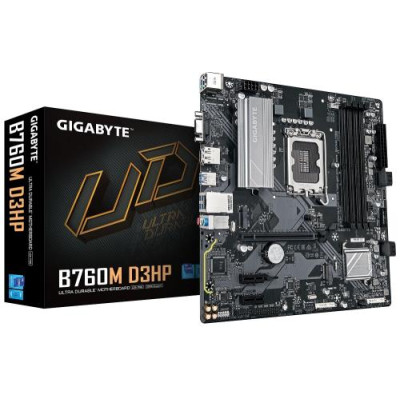 Материнська плата LGA1700, Gigabyte B760M D3HP, B760, 4xDDR5, Int.Video(CPU), 4xSATA3, 2xM.2, 1xPCI-E 4.0 x16, 2xPCI-E 3.0 x1, Realtek 7.1, Realtek GbE, 6xUSB3.2/6xUSB2.0, VGA/HDMI/DP, MicroATX