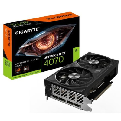 Відеокарта GeForce RTX 4070, Gigabyte, WINDFORCE 2X OC V2, 12Gb GDDR6X, 192-bit, HDMI/3xDP, 2490/20000 MHz, 8-pin (GV-N4070WF2OCV2-12GD)