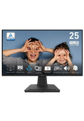 Монітор 24.5" MSI PRO MP252, Black, IPS, 1920x1080 (16:9), 1 мс, 100 Гц, 300 кд/м², 1300:1, 178°/178°, HDMI/DP, 2 x 2 Вт, VESA 100x100, Adaptive Sync