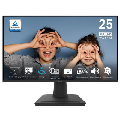 Монітор 24.5" MSI PRO MP252, Black, IPS, 1920x1080 (16:9), 1 мс, 100 Гц, 300 кд/м², 1300:1, 178°/178°, HDMI/DP, 2 x 2 Вт, VESA 100x100, Adaptive Sync