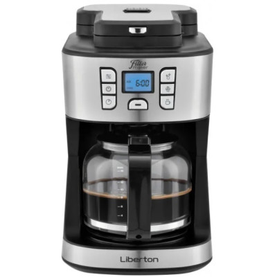 Кавоварка Liberton LCM-2203, Inox/Black, 950W, крапельна, резервуар 1.8л, мелена+зернова кава, вбудовна кавомолка, електронне керування, LCD дисплей, підігрівання кавника, регулювання міцності кави, відстрочка старту, програма очистки