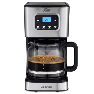 Кавоварка Liberton LCM-2202, Inox/Black, 950W, крапельна, резервуар 1.5л, мелена кава, електронне керування, LCD дисплей, підігрівання кавника, регулювання міцності кави, відстрочка старту, програма очистки