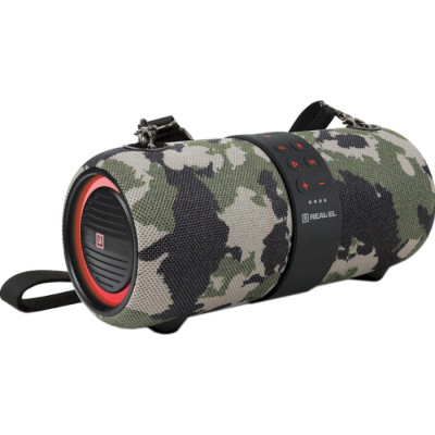 Колонка портативна 2.0 REAL-EL X-733 Camo, 2 x 12 Вт пластиковий корпус, Bluetooth, USB/Aux, живлення від акумулятора, 3600мА*год, IPX6, RGB підсвічування, керування зверху
