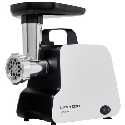М'ясорубка Liberton LMG-18S01, White/Black, 1800W, продуктивність 1.2кг/хв, диски для подрібнення 3/5/7мм, насадка для ковбасок/«кеббе», металевий шнек, реверс, захист від перегріву