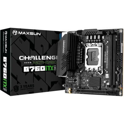 Мат.плата LGA1700, Maxsun Terminator B760ITX D5, B760, 2xDDR5, Int.Video(CPU), 4xSATA3, 1xPCI-E 16x 5.0, 2xM.2 4.0, Dual LAN 2.5G+1G, ALC897, 4xUSB3.2/4xUSB2.0, 2xDP/2xHDMI, Mini-ITX (MS-Challenger B760ITX D5)