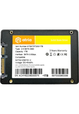 Твердотільний накопичувач SSD 1Tb, Atria XT200, SATA3, 2.5", 3D TLC, 550/510 МБ/с (ATSATXT200/1024)
