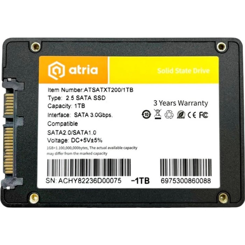 Твердотільний накопичувач SSD 1Tb, Atria XT200, SATA3, 2.5", 3D TLC, 550/510 МБ/с (ATSATXT200/1024)