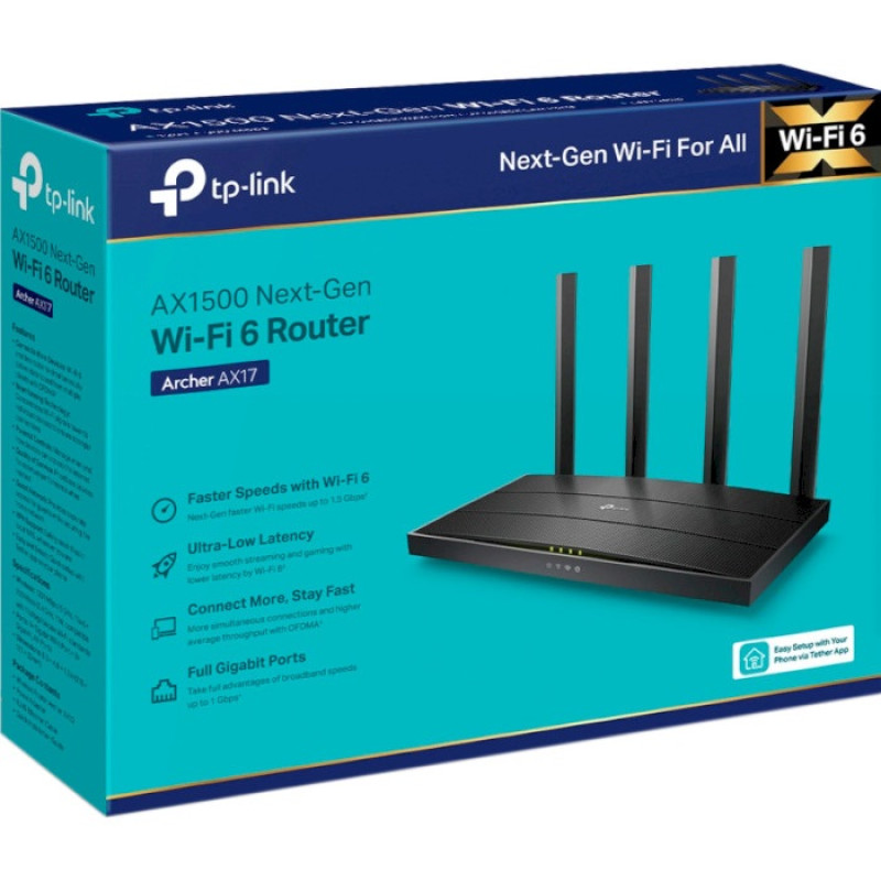 Роутер TP-LINK Archer AX17, Wi-Fi 6 802.11ax, до 1501 Mb/s, 2.4/5GHz, 3 LAN 10/100/1000 Mb/s, RJ45 10/100/1000Mb/s (GE), 4 зовнішні антени