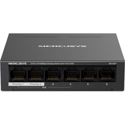 Комутатор Mercusys MS106LP, Black, LAN 10/100/1000Mb, 4 порти PoE+