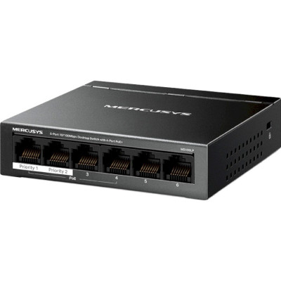 Комутатор Mercusys MS106LP, Black, LAN 10/100/1000Mb, 4 порти PoE+