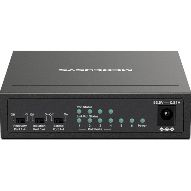 Комутатор Mercusys MS106LP, Black, LAN 10/100/1000Mb, 4 порти PoE+