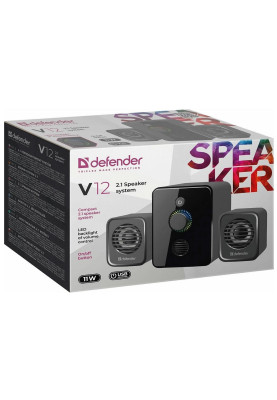 Колонки Defender V12 Black (65212), 2.1-канальный звук, 2 x 3 Вт + 5 Вт, USB, mini-jack 3.5 мм, подсветка LED, кабель 0.9 м